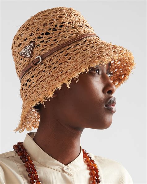 prada raffia bucket|Beige/cognac Raffia Bucket Hat .